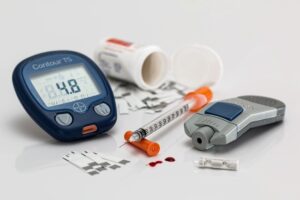 Diabetes equipment laid out on a white tabletop